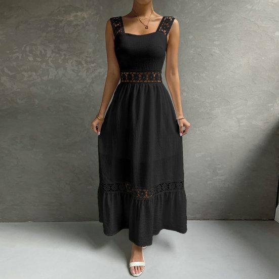 Sleeveless Backless High-Waist Loose Ruffle Hem Solid Color Sling Dress Hollow Out Lace Patchwork A-Line Dress