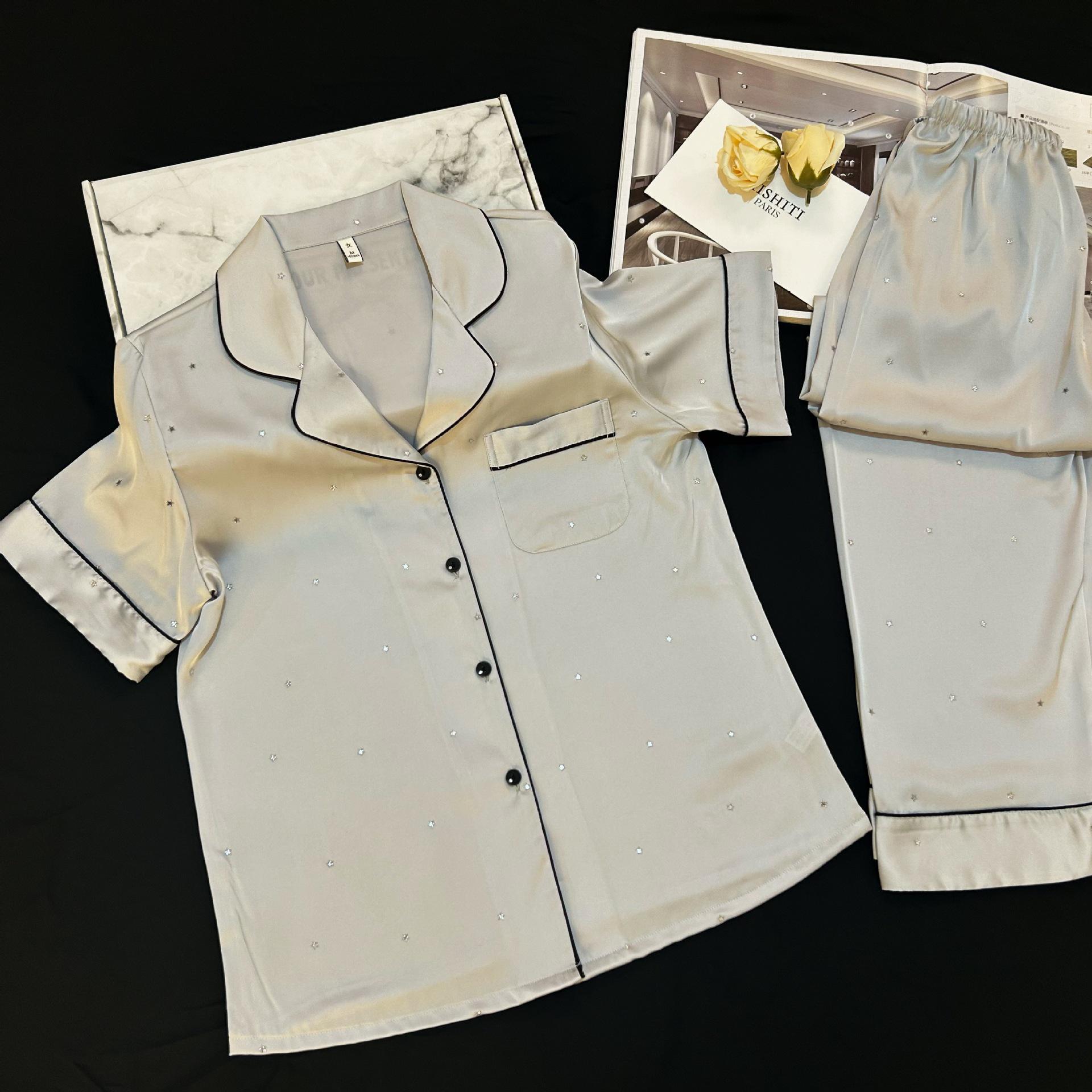 Sparkle Sleepwear: Starry Sea Ice Silk Pajamas for Women – Short Sleeve, Long Pants – Luxurious Summer Loungewear XL