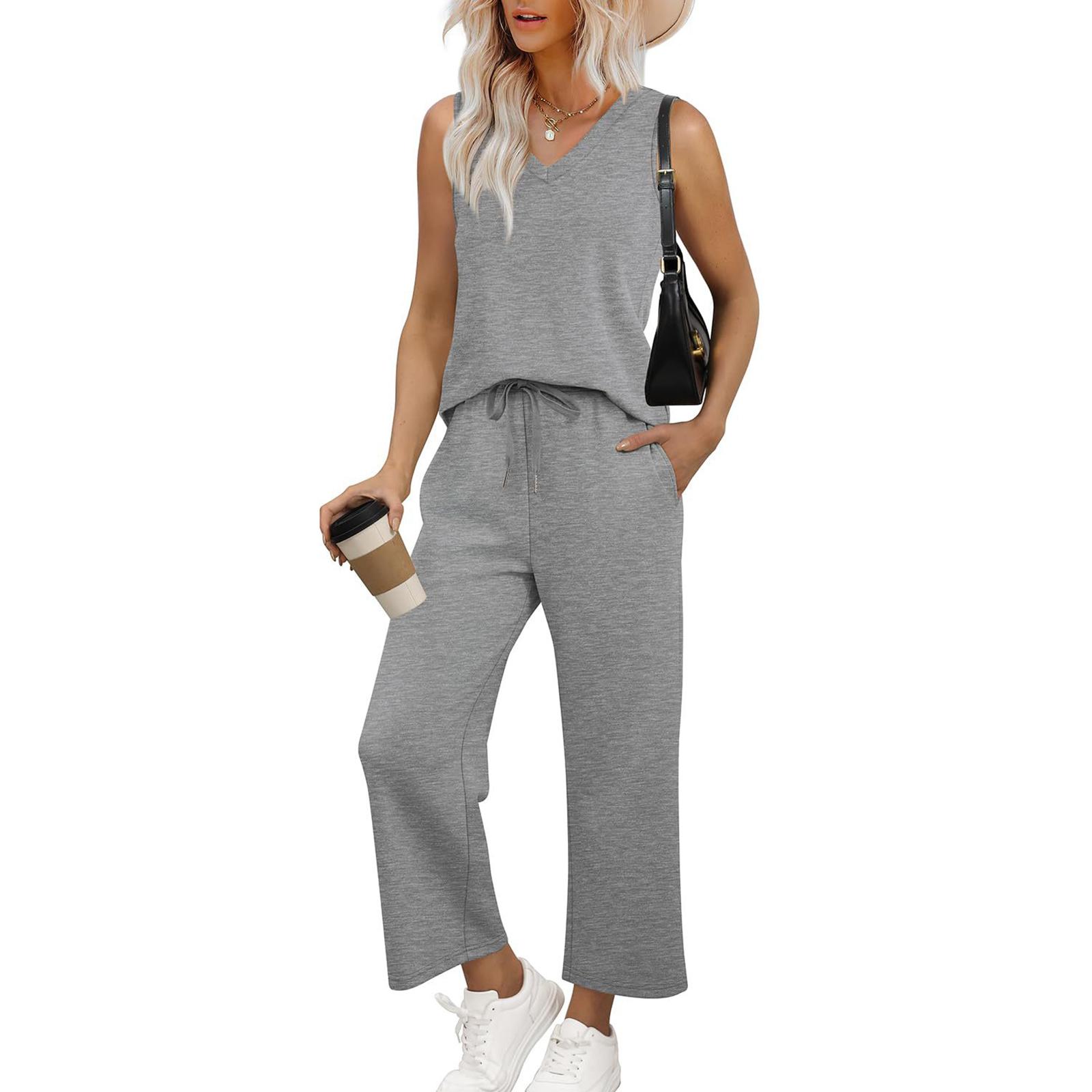 

26-3-14-Женский Модный Цветной Топ-майка с V-образным вырезом Без рукавов С Эластичной Талией Карман Повседневные Брюки Спортивный Комплект из Двух Предметов2101 S