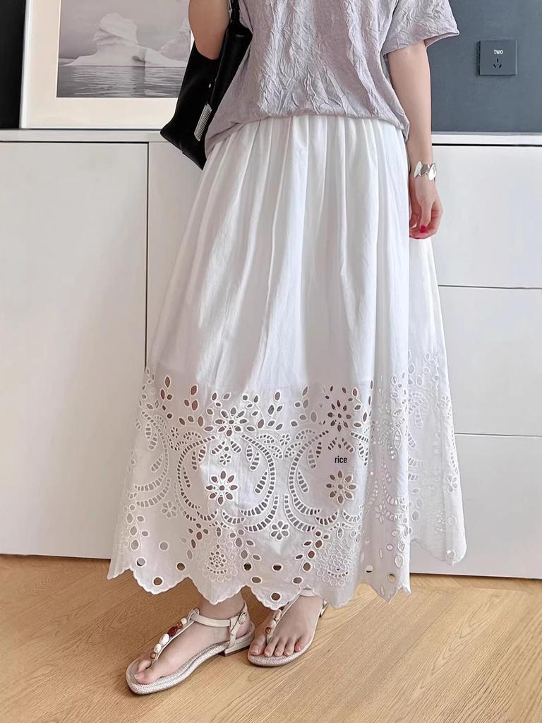 Nanyou Women's 2026 Spring French High Waist Embroidered Lace Maxi Skirt