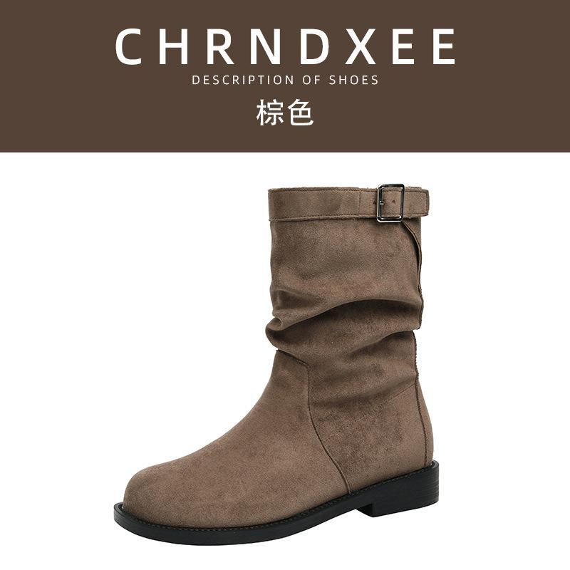 

[Primary] Flat-bottomed short boots women s 2025 new autumn and winter super-fire stacking boots round head sleeve popular medium boots 40 коричневый