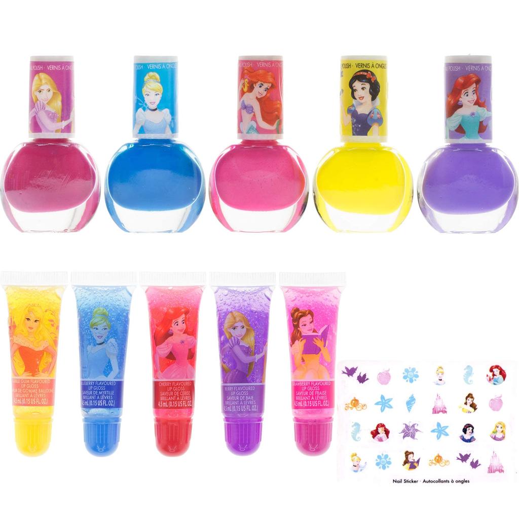 TownleyGirl Disney Princess 5 Lip Glosses, 5 Peel-off Nail Polishes, 24 Nail Stickers, Kids Nails, For Kids