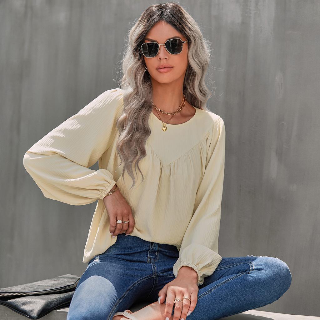 Women Autumn Solid Color Round Neck Pullover Loose Long Sleeve T Shirt Top
