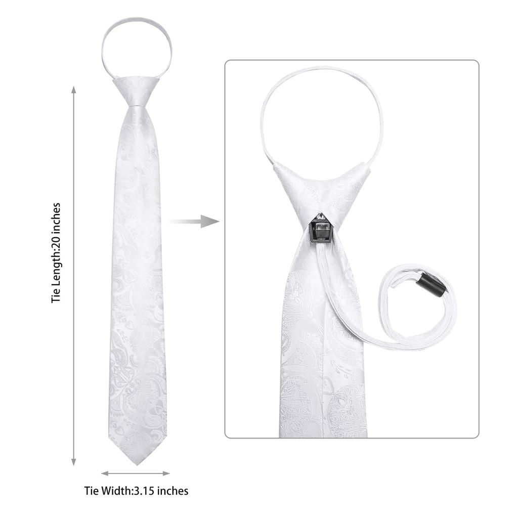 [DiBanGu] One-touch tie, white paisley, adjustable zipper, 4-piece tie set for weddings, business, formal occasions, washable, parties,
