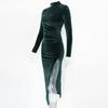 Sexy Velvet Pleated Turtle Neck Dress Women's Autumn Winter Warm Long-sleeved Slim Slit Package Hip Dresses Evening Party Gowns