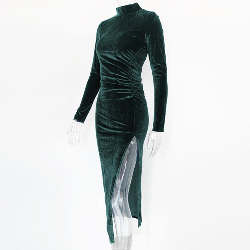 Sexy Velvet Pleated Turtle Neck Dress Women's Autumn Winter Warm Long-sleeved Slim Slit Package Hip Dresses Evening Party Gowns