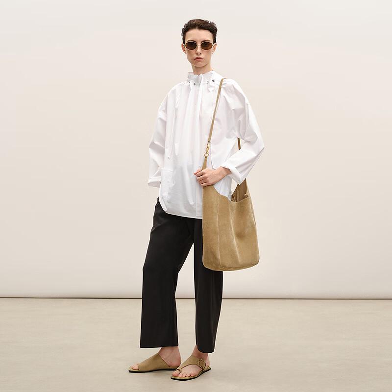 Cotton Blend Tie-Neck Loose Long-Sleeve Shirt