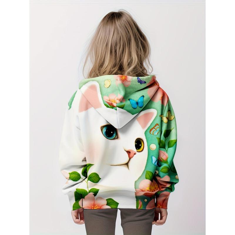 Hoodie Cartoon Cat Pattern Full Print Girl Trendy Sweatshirt Comfort Fit Long Sleeve Jumper Tops Children Kids Clothing Gift