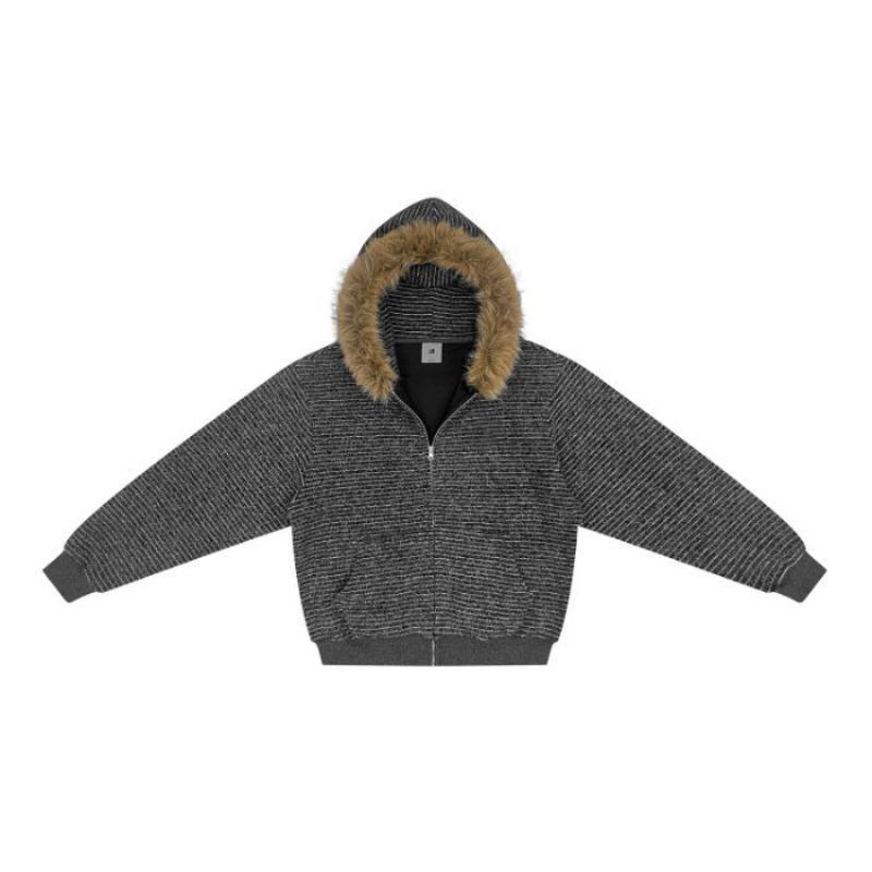 Punk Coat Y2k Vintage Faux Fur Collar Hoodie Zip-Up Woman Sweatshirts Goth Stripe Girl Coat Winter Jackets Hip Hop