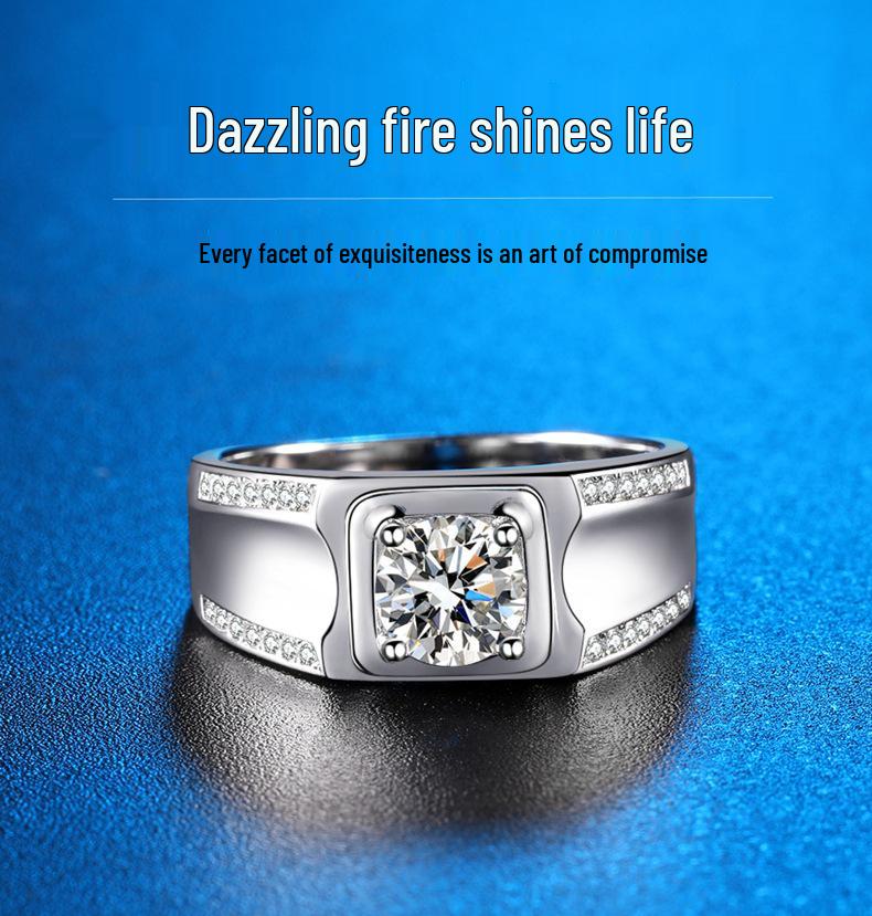 Men's Double Row Moissanite Ring: Sterling Silver, White Gold-Plated, 1 Carat Simulated Diamond with Certificate