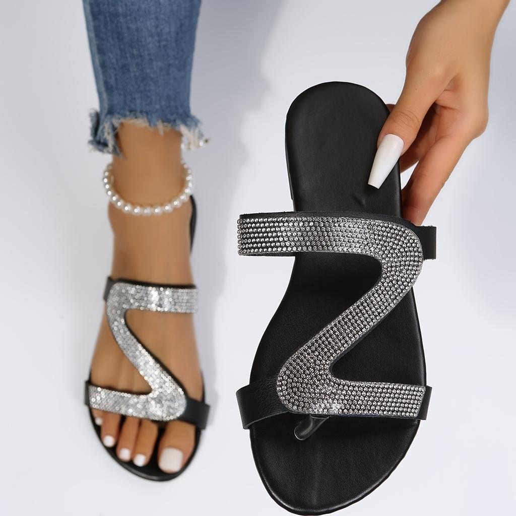 Women's Rhinestone Decor Slide Sandals, Bohemian Style Sandals, Flatform Open Toe Shoes
