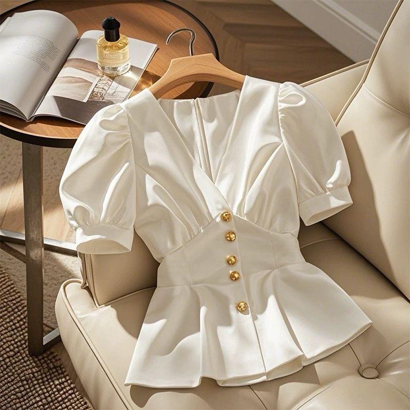 Chic Blue French Niche Short-Sleeve Blouse - Stylish Women's Outerwear for Summer 2026