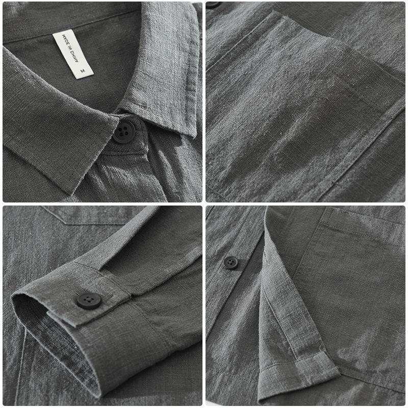 Spring and Summer Cotton Linen Long Sleeve Men Shirt Chinese Style Casual Shirts Lapel Collar Solid Color Button Up Shirt Multi Pocket Overshirt