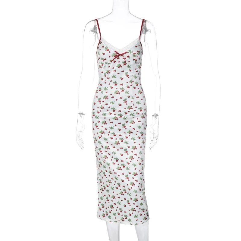 

Gusty French Pure Desire Sexy Retro Cherry Print Satin Sling Dress Sweet and Spicy Chic Girl s Long Dress White M