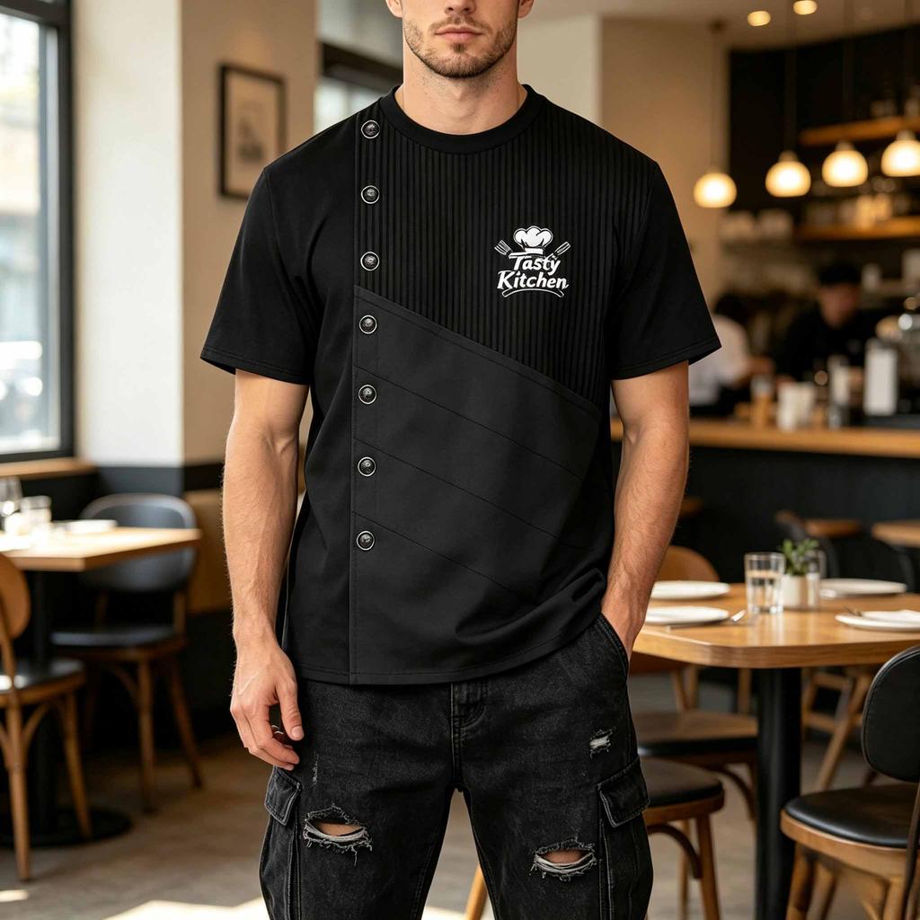 Męska koszulka z krótkim rękawem, styl haftu z nadrukiem, koszulka z logo uniformu kuchennego dla personelu kuchennego restauracji, hotelu