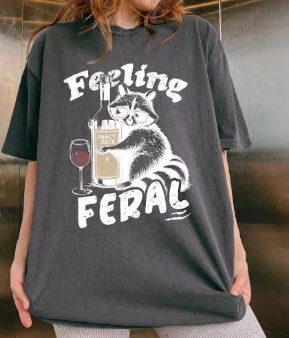 Feeling Feral  Shirt Funny Raccoon Meme Graphic Tee L
