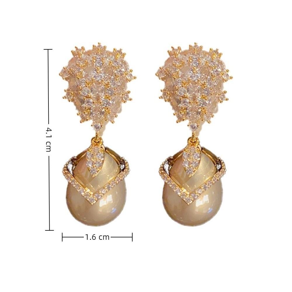 Classic Pearl Drop Earrings Shiny Champagne Pearl Zircon Earrings  For Women