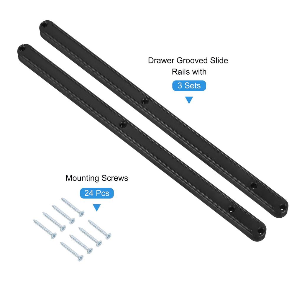 Uxcell Drawer Slides 3 Sets 300mm Plastic Drawer Rails with Screws Side Mount Grooved Guide Rail for Cabinet Drawer Bedside Table Wardrobe Dresser -