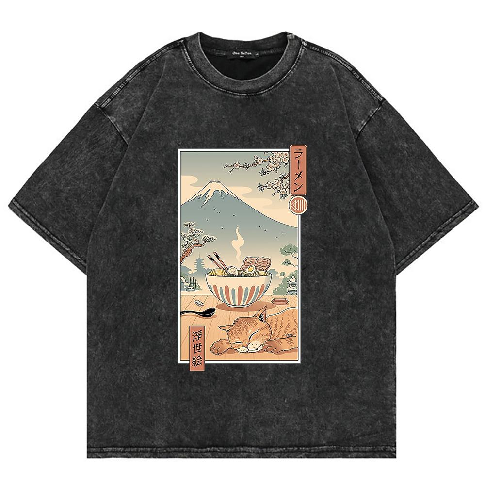 100% Cotton Tee Shirt Funny Japanese Style Cartoon Cat TShirts Retro Men/women TShirt Vintage Oversize Mineral Wash Tops
