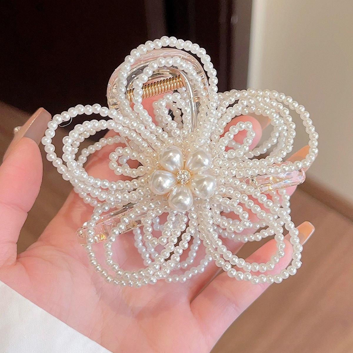 

1 Piece Pearl Flower Hollow-out Claw Clip, Fairy Luxury Style, Suitable for Bun Fixing / Lazy Hairstyle / Wedding Accessories