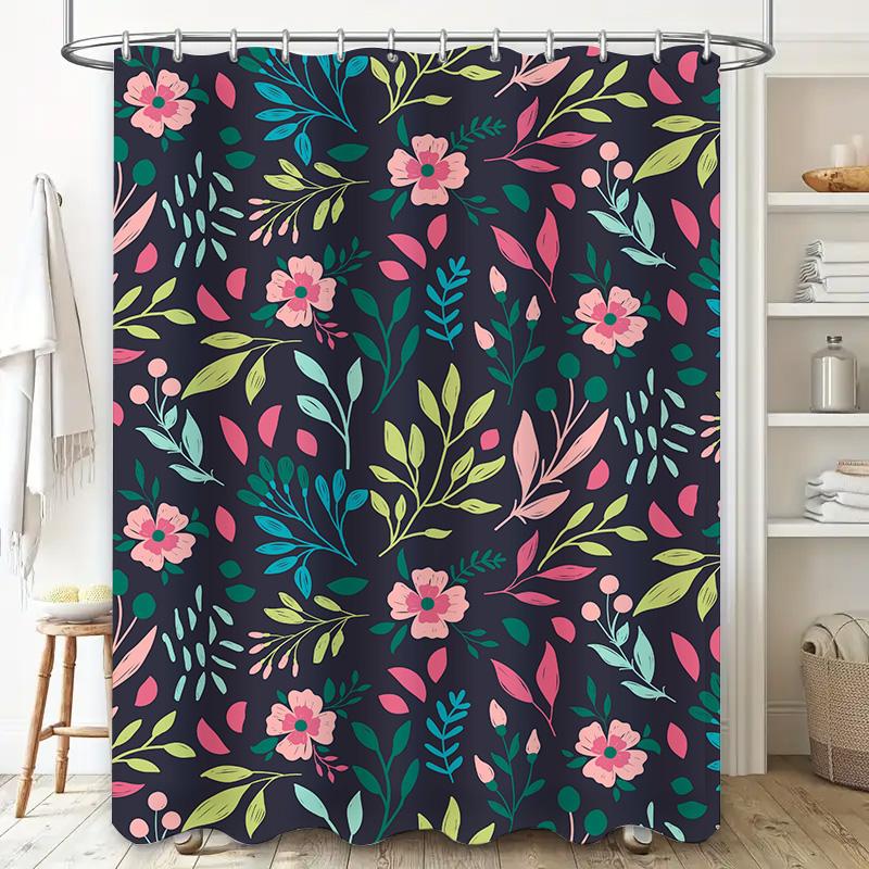 Floral Shower Curtain Set Multicolor Flower Bath Decor for Home Decoration Dark Blue Color with Pink Flowers Print on Fabric 72