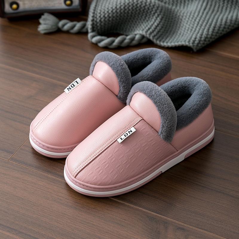 Leather cotton slippers women's winter home bag and confinement postpartum indoor warmth couple leather cotton shoes men's winter