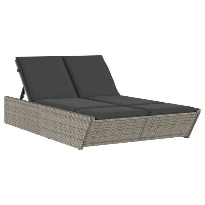 VidaXL Double Sun Lounger with Cushions Grey Woven Resin, Sunbed, Reclining Lounge Chair, Daybed 368181