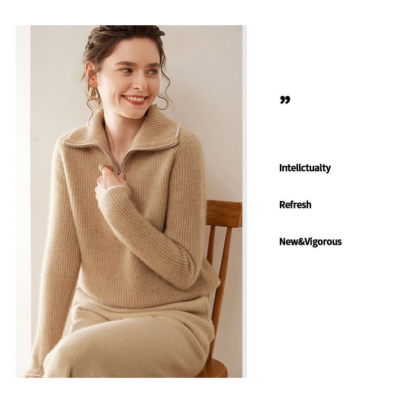 Women's Cashmere Half-Zip High Neck Loose Pullover Sweater