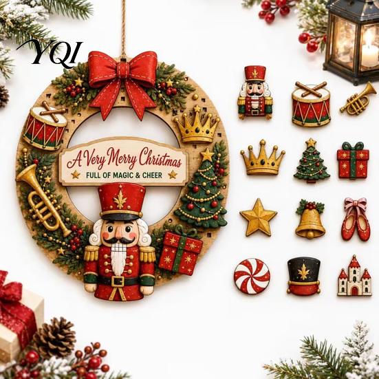 Christmas Party Wall Accents Interchangeable Wooden Wreath, 12 Pcs Front Door Plaque, DIY Decorative Wreath for Entrance Handmade Pattern Hanging