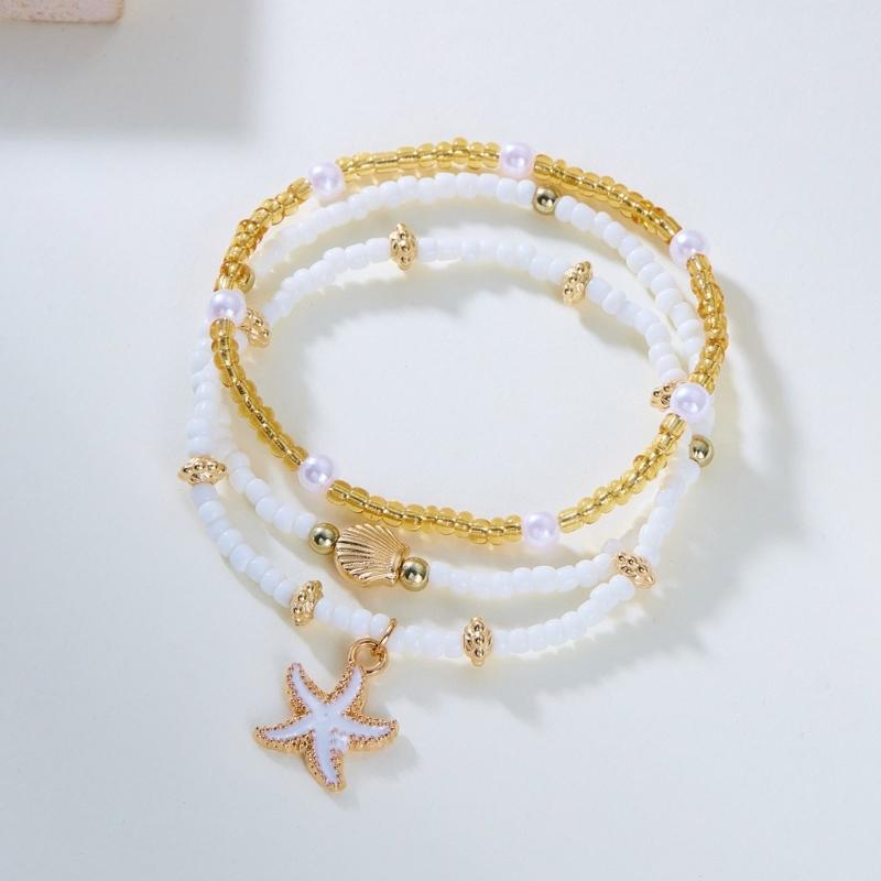 Fashionable Natural Shell Pearls Elastic Jewelry Triple Wear Neck Chain Wrist Ankle Decoration Coastal Styles Use