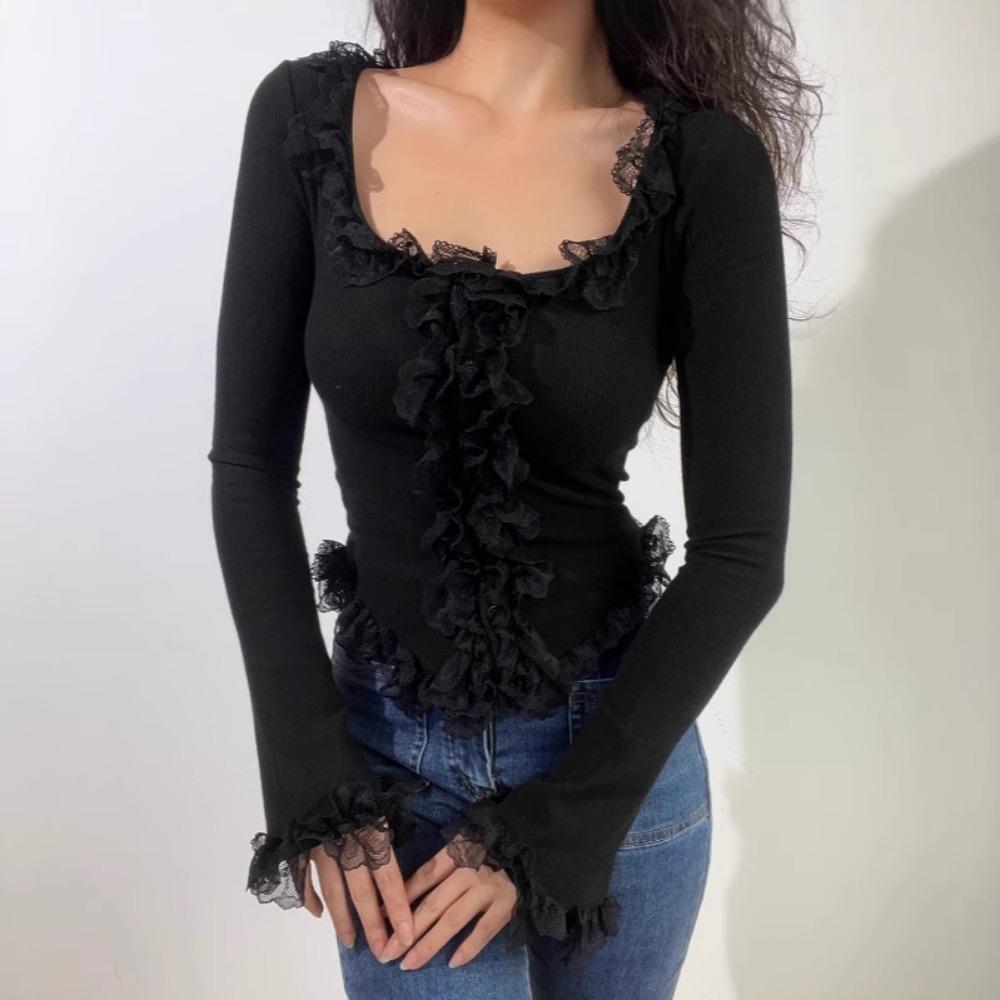 

Футболка Y2K Мода Жіноча Неправильна Футболка V-подібний виріз З оборками Розкльошений рукав Кардиган Повсякденні футболки Топ Пуловер Одяг XL чорний