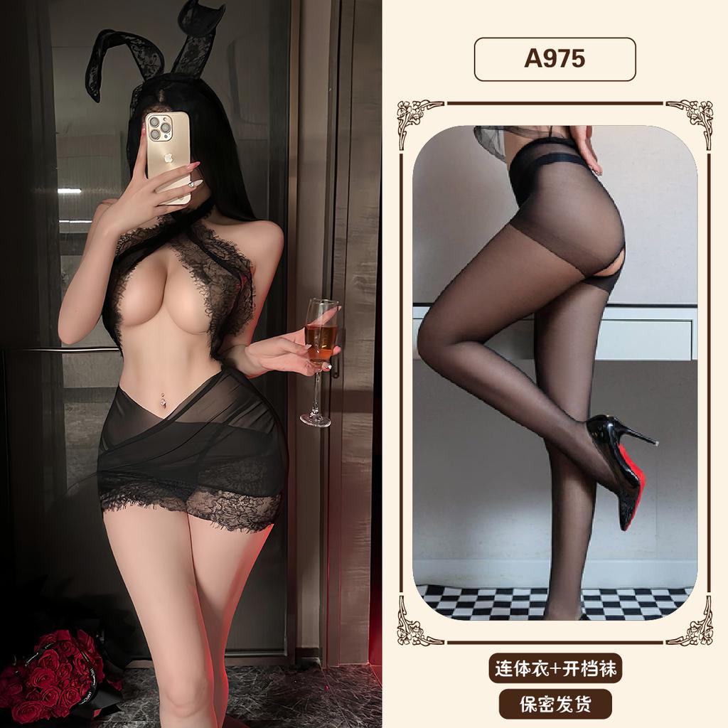 Sexy underwear women's sexy tight neck lace secretary uniform soft yarn hip skirt nightdress set A