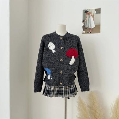 Mushroom House Series Autumn New Cute Mushroom Cardigan Female Cartoon Gray Sweater Jacket Top