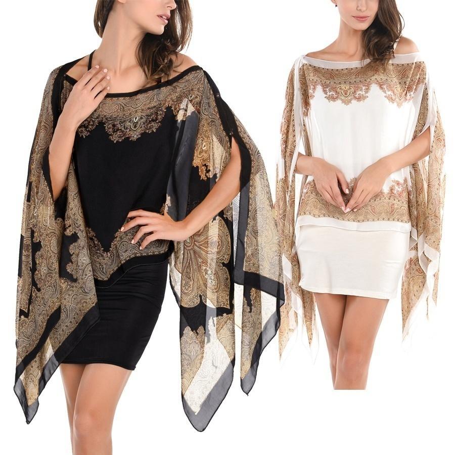 

Женская мода V Шея Batwing Рукав Цветочный принт Нерегулярный подол Топ