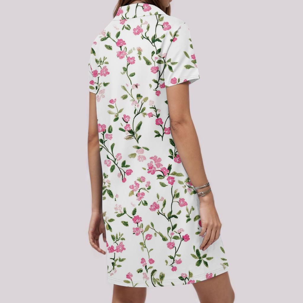Ladies Casual Fashion Stand Collar Floral Print Short Sleeve Dress