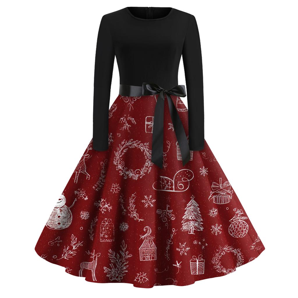 Women's Fashion Round Casual Slim Fit Christmas Print Large Swing Long Sleeve Dress