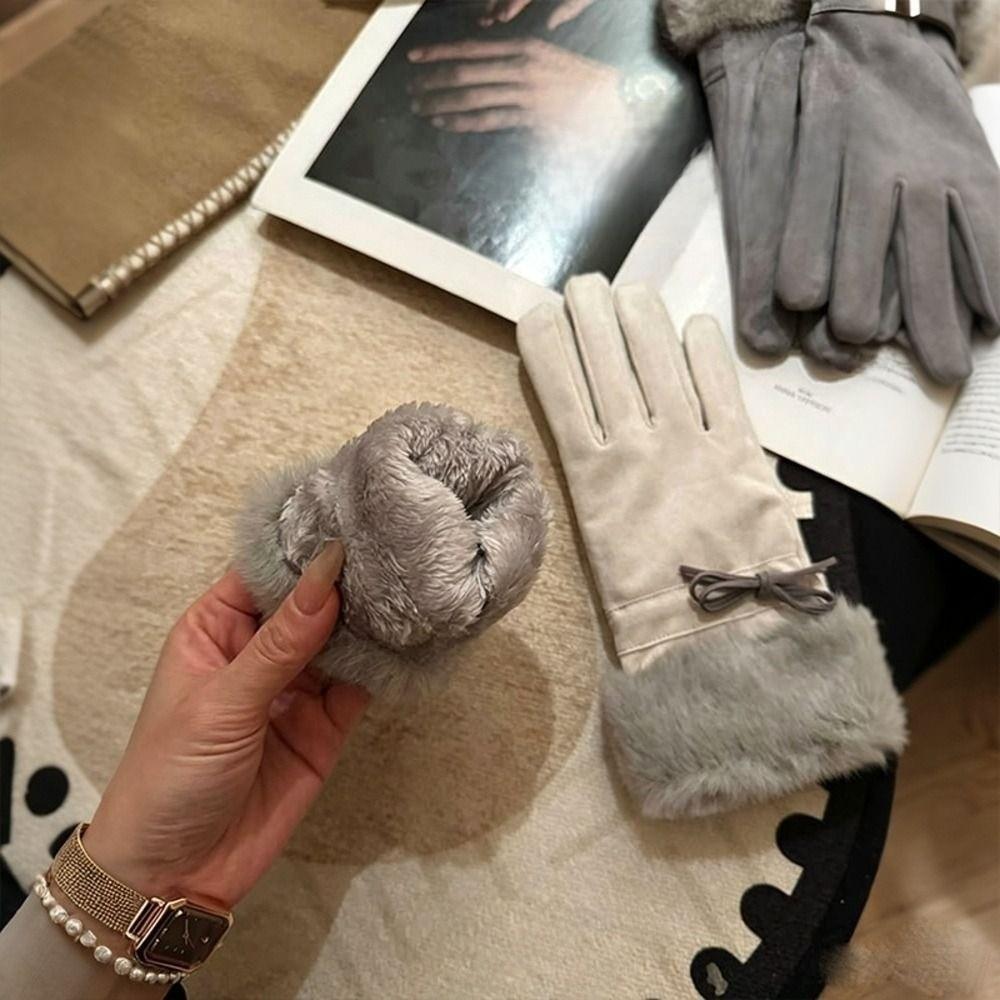 One Size Fleece Lined Gloves Bow Decoration Winter Thick Warm Gloves Faux Fur Gloves Driving