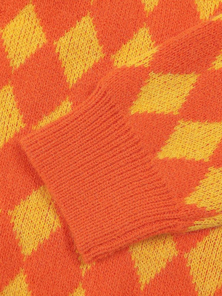 2025 Fall/Winter Color Block Diamond Plaid Long Sleeve Round Neck Knit Top for Women