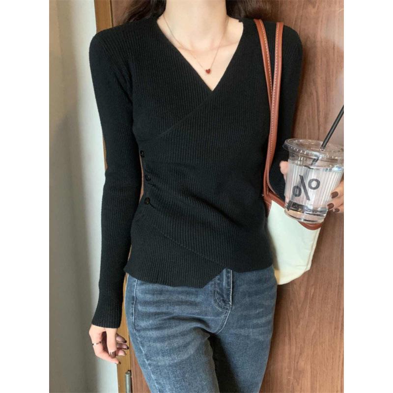 Autumn/Winter Women's Designer V-Neck Knit Sweater - Trendy French-Style Base Layer.