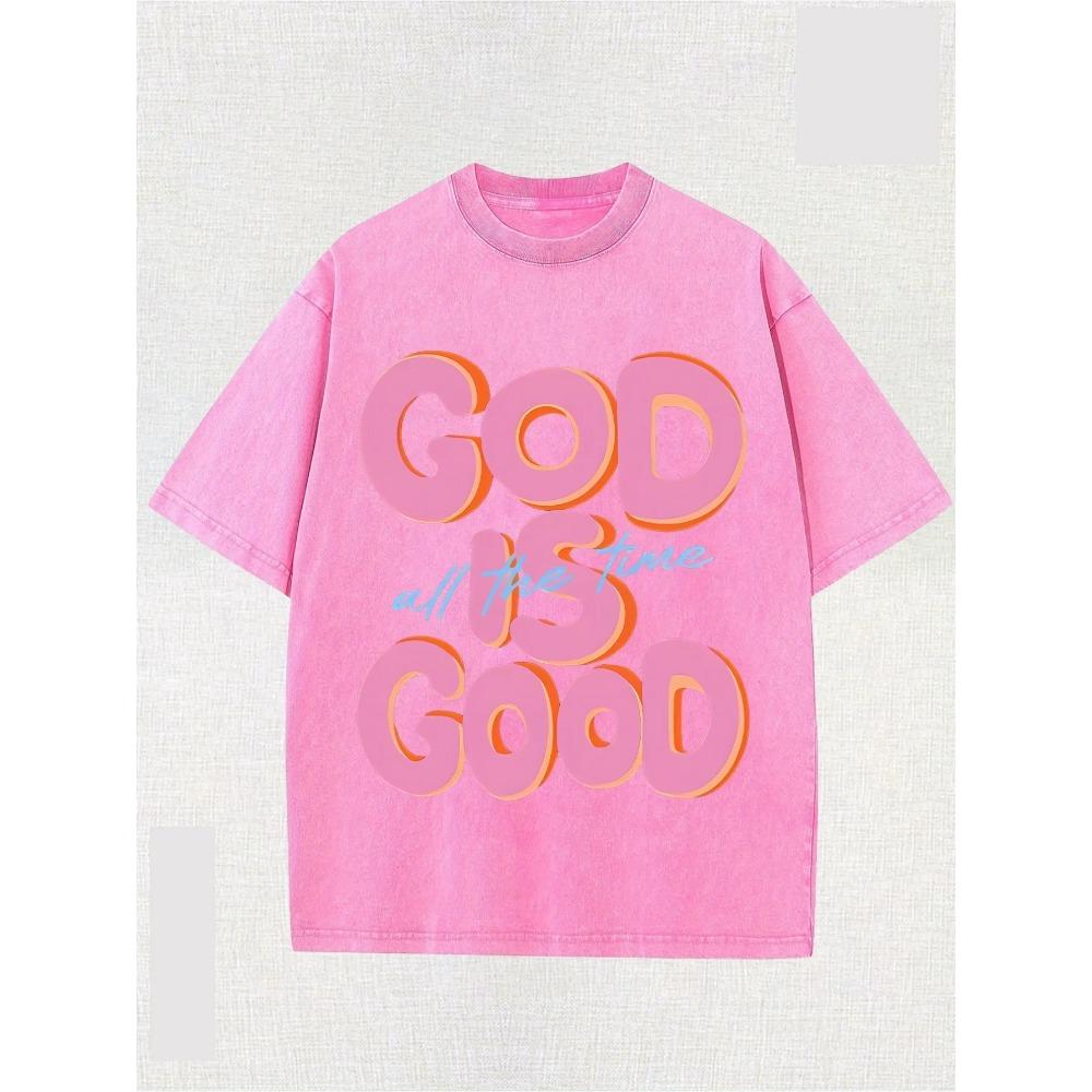 GOD IS GOOD All the Time Letter Graphic Print Street Style Washed Cotton T-Shirt for Thanksgiving Christmas