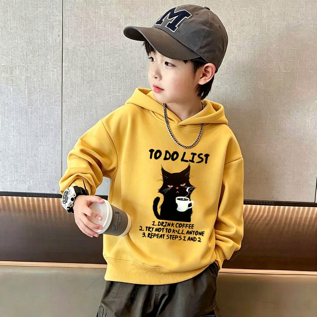 Y2K Kids Hoodie Sweatshirt Autumn Winter Black Cat Coffee Graphic Print Casual Loose Long Sleeve Tops