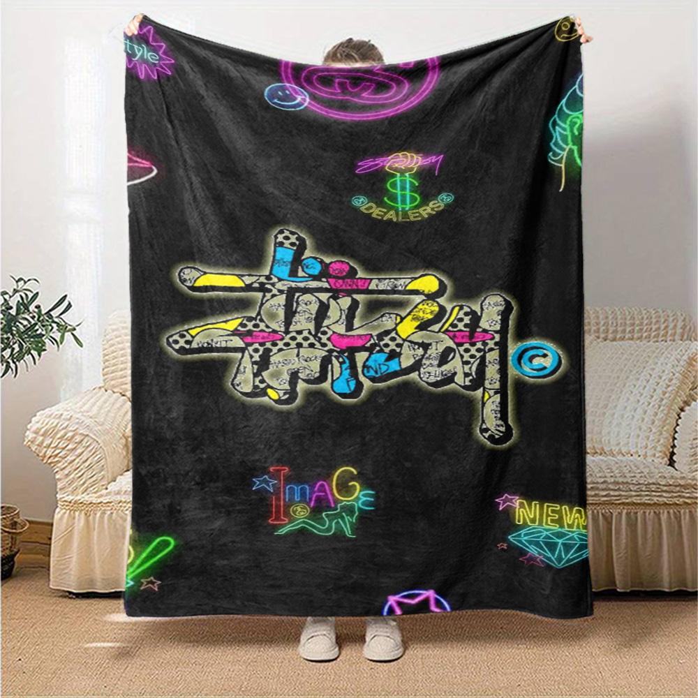 Blue Sky Palm Tree Signature Logo Flannel Blanket, Tropical Summer Beach Style Soft Throw Blanket