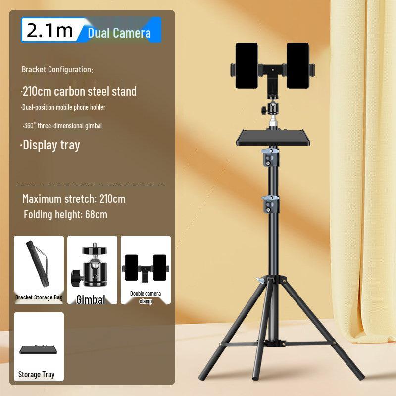 Carbon Steel Mobile Phone Holder with Fill Light - Dual-Position, Professional, Designed for Live Broadcasts.