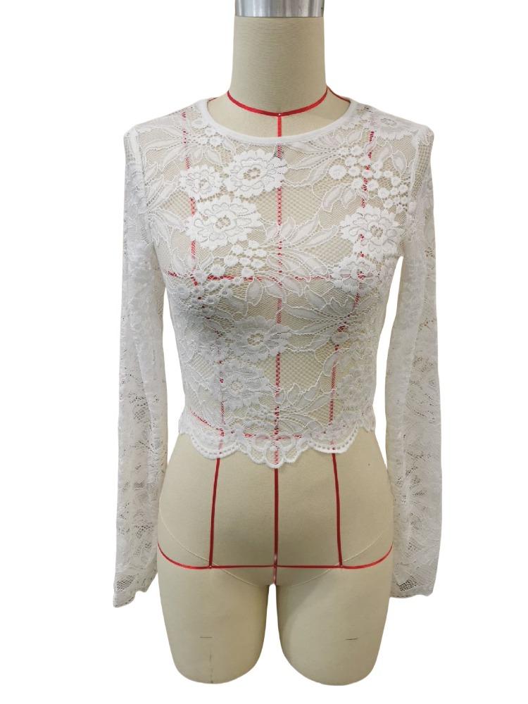 Sexy Jednovrstvá Krajková Krajková Dlouhý Rukáv Krátká Sekce Pulovr Slim Slim Tričko Top Všestranný Nezbytný Kousek Šatníku Módní Kousky Košile