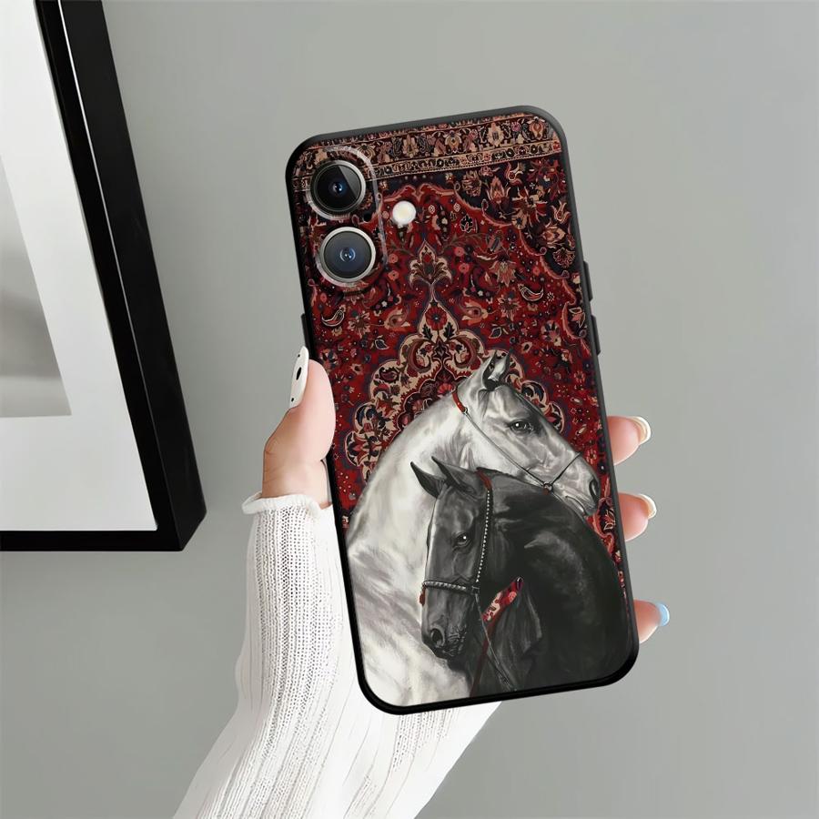 Animal Horse Pattern Black Soft Phone Cover Case for iPhone 15 16 14 Plus 7 8 13 12 11 17 Pro Max 17Air XR XS Max