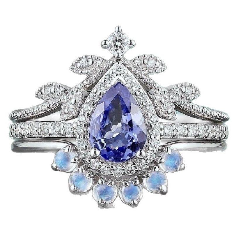 European and American new fashionable blue water drop-shaped gemstone inlaid with personalized luxury women's three-piece ring