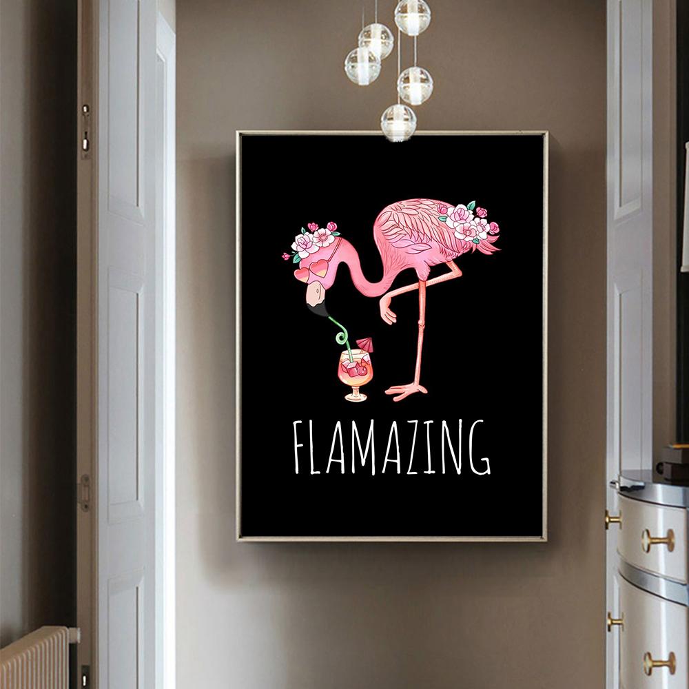 Flamazing Flower Flamingo Juice Painting Canvas Print Wall Art Cute Funny Pink Animal Poster for Living Room Home Decor Cuadros