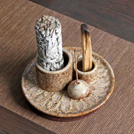 Yousheng Palo Santo Holder 4-in-1 Ceramic Incense Holder Candle Holder with Ash Catcher Lotus Tray Incense Burner for Sticks Salvia Burning Meditation