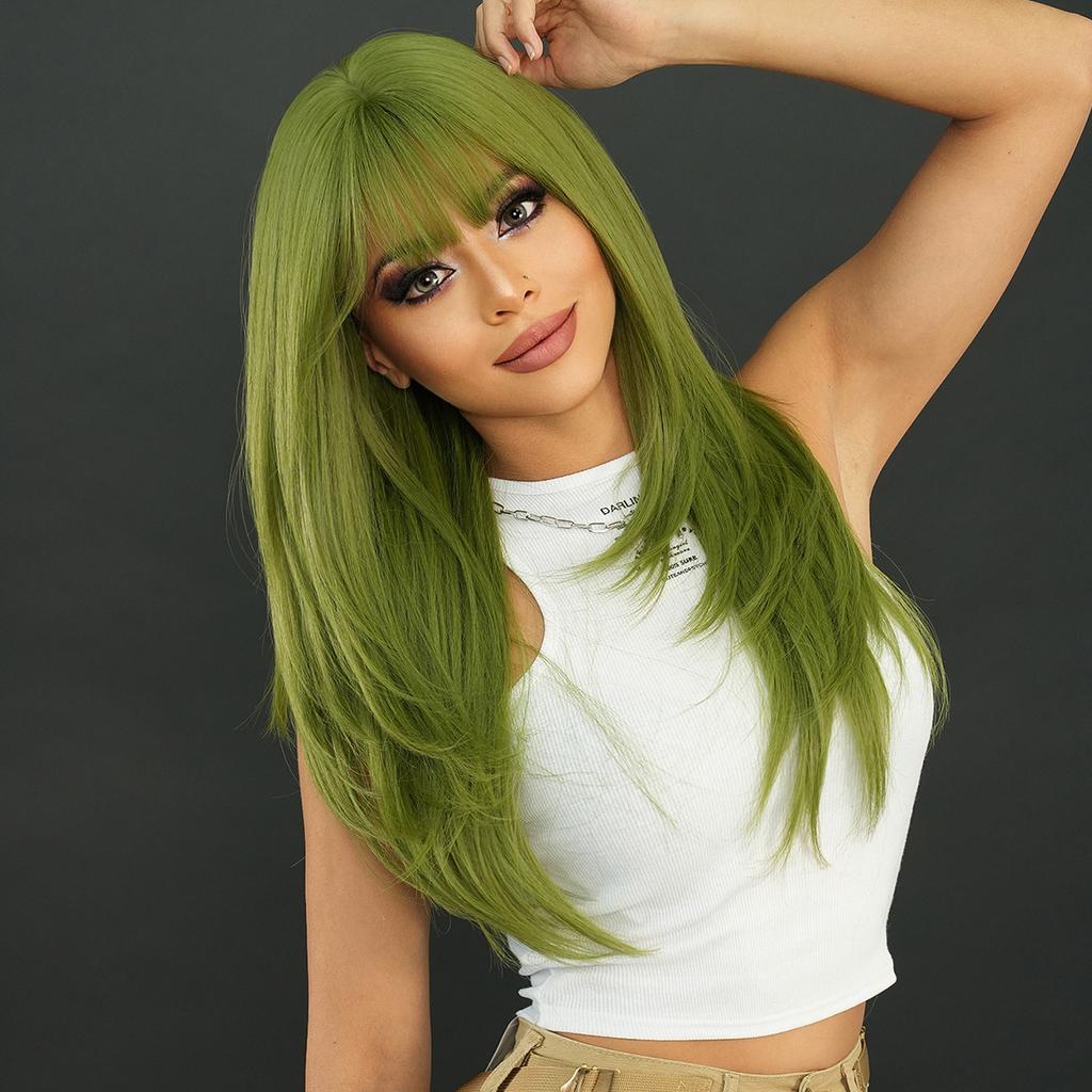 European and American Style Women's Party Wig Vanilla Green Long Straight Wig Layered Synthetic Full Wig