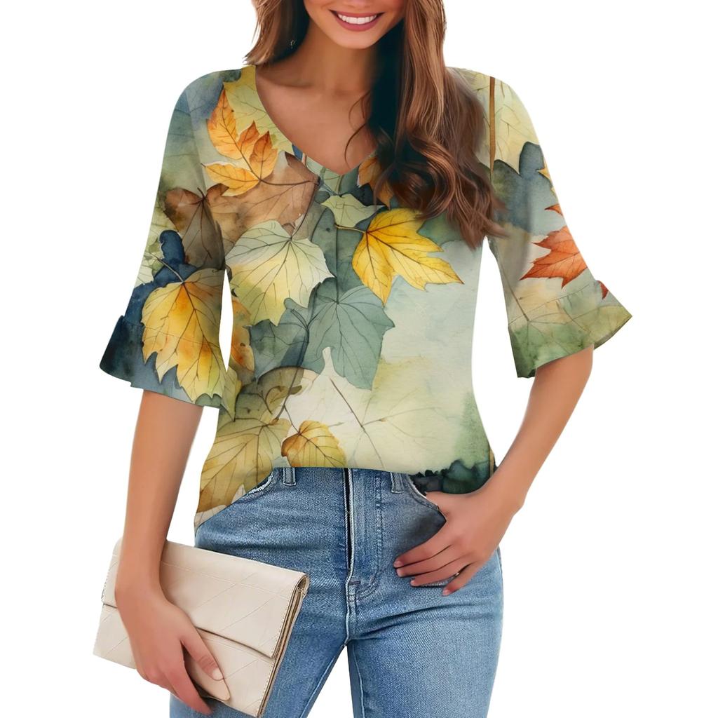Damen Casual Fashion V-Ausschnitt Pullover Lose Pendeln Floral Fünf-Punkt-Ärmel T-Shirt Top